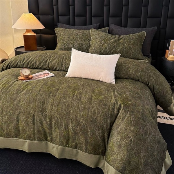 Bộ ga chần Vip | Cotton Tencel - "Mặc Vân" – Paisley cổ điển - Xanh olive trầm - LX10.02