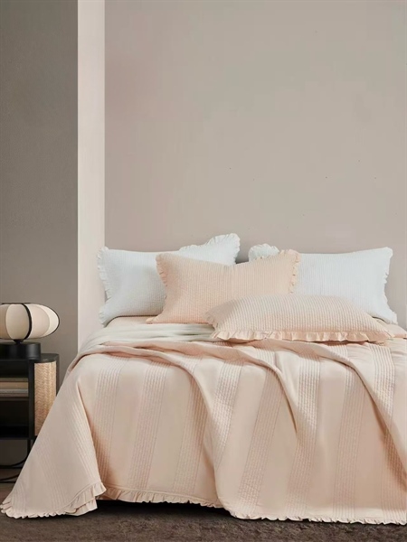 Bộ ga chần "Vân Yên" | Cotton 100% tự nhiên - Vỏ Chăn 200x230 cm - Chần sọc nhỏ viền bèo - JF12.HONG