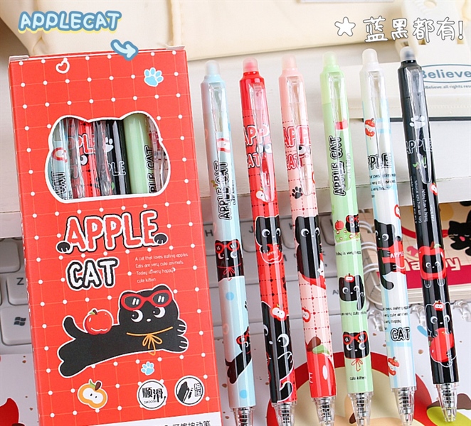 Hộp đỏ 6 bút MÈO ĐEN- TÁO ĐỎ, BJ-5216, mực xanh có đầu tẩy, SP3296