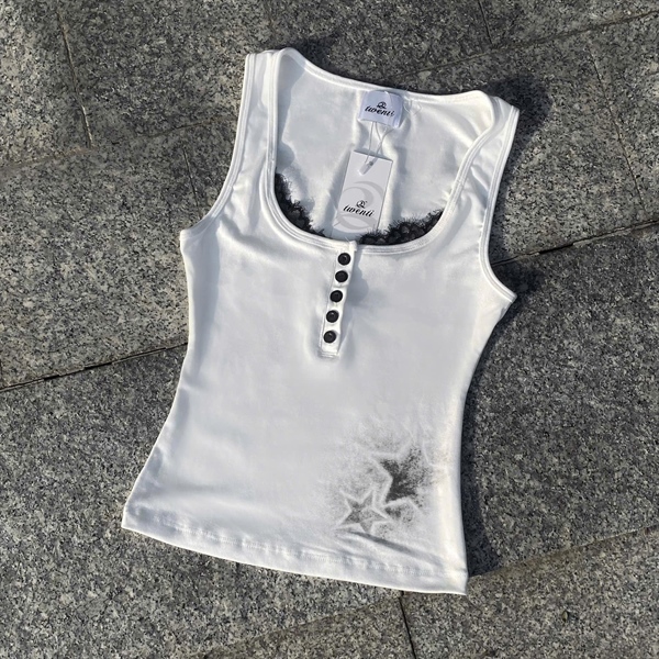 Áo Tank Top TWENTI Thun Rip Phối Ren in Hình - Trắng - Freesize