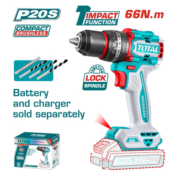 Thân Máy (không kèm pin & sạc) khoan búa 66Nm không chổi than dùng pin 20V TOTAL TIDLI206681