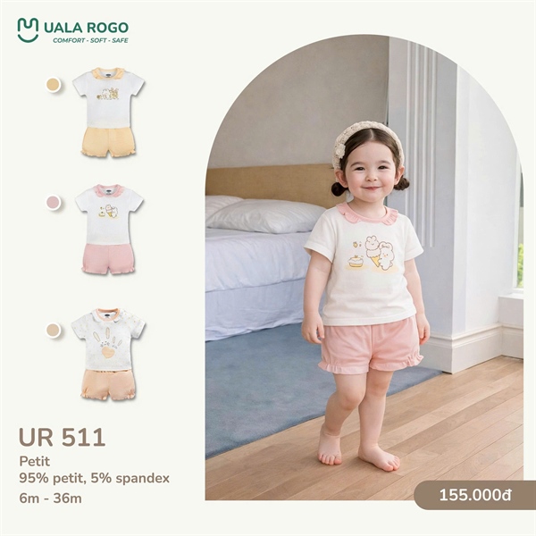 UR511 - 6M/36M - Bộ cộc bé gái viền bèo
