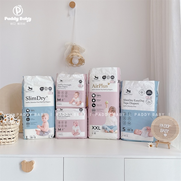 Tã/bỉm dán, quần Applecrumby Slim & Overnight cao cấp đủ size cho bé tư sơ sinh (1 bịch)