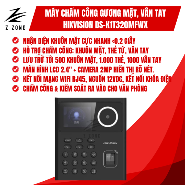 Máy Chấm Công Gương Mặt, Vân Tay Hikvision DS-K1T320MFWX Wifi