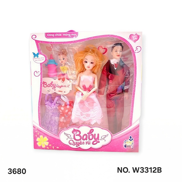 W3312B HỘP BABY GIA ĐÌNH 3C (1C KHỚP, MẮT THỦY TINH), 2 ÁO, TÚI XÁCH Baby Quyến rũ