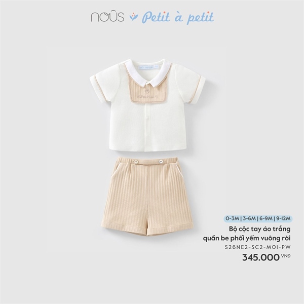 NS2600 - 6M/12M Bộ cộc tay áo phối yếm vuông rời quần be