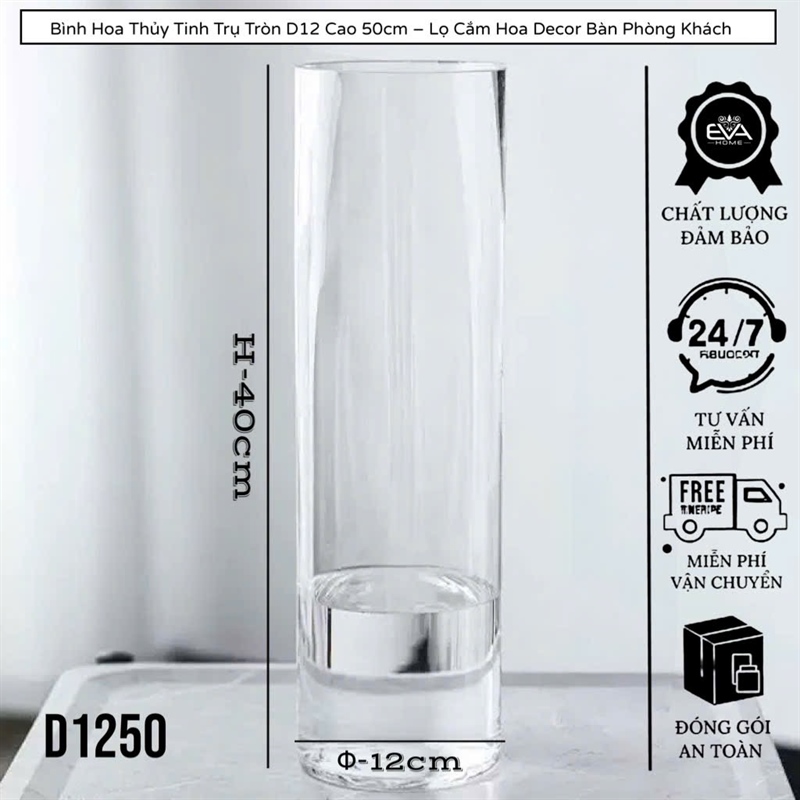 Bình Thuỷ Tinh Ống Trụ Tròn 12 x 50 cm D1250