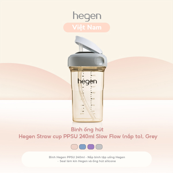 Bình tập uống Hegen PPSU 240ml straw cup (slow flow), grey (6M+)