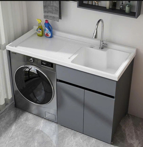 Tủ máy giặt Gnax TMG120 chậu trắng tủ xám đậm.