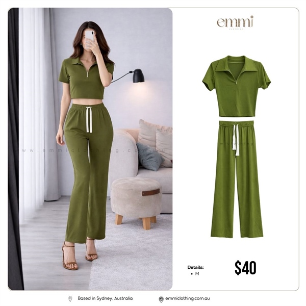 Zip Collar Lounge Set – Olive Green