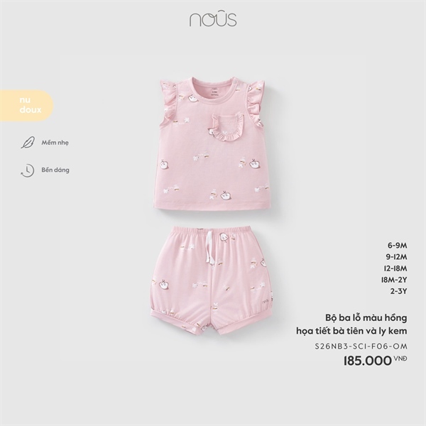 2600 - 9M/3Y Bộ ba lỗ màu hồng họa tiết bà tiên và ly kem