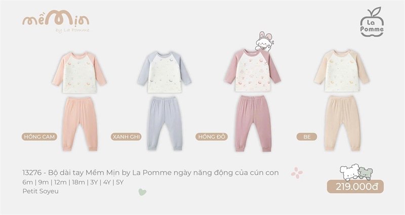 13276 - 9M/5Y Bộ dài tay Mềm Mịn by La Pomme ngày năng động của cún con Hồng đỗ