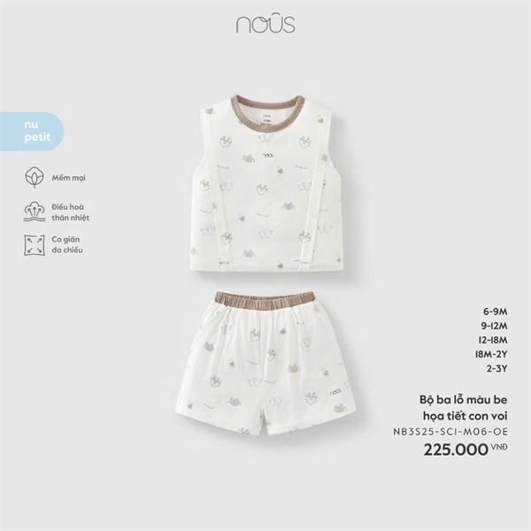 2500 - 9M/3Y Bộ ba lỗ màu be họa tiết con voi