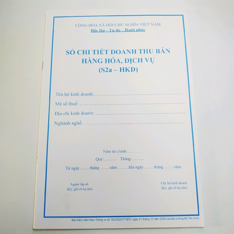 Sổ doanh thu S2A - HKD doanh thu 500 triệu - 3 tỷ đồng (nhóm 2)