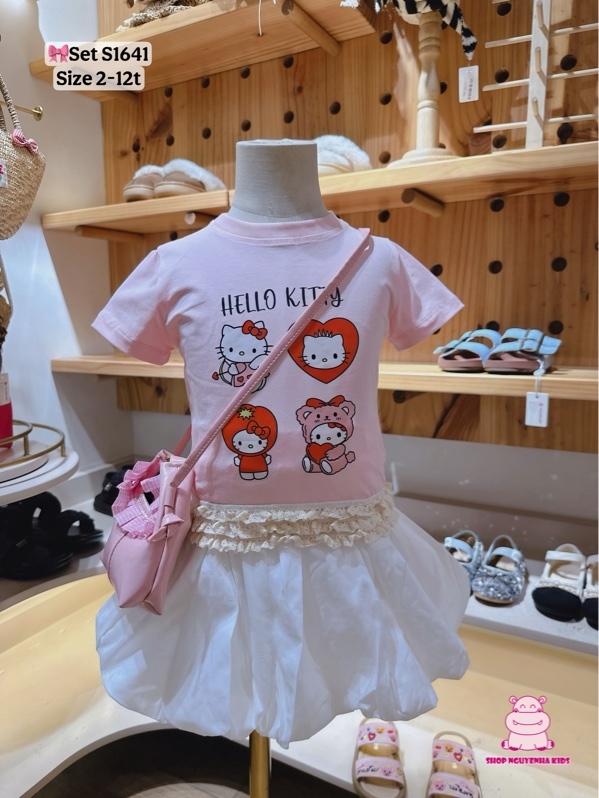 S1641 Set áo Kitty hồng tim đỏ v bí trắng
