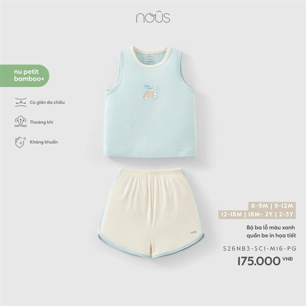 Nous Bộ ba lỗ màu xanh quần be in họa tiết 9-12m