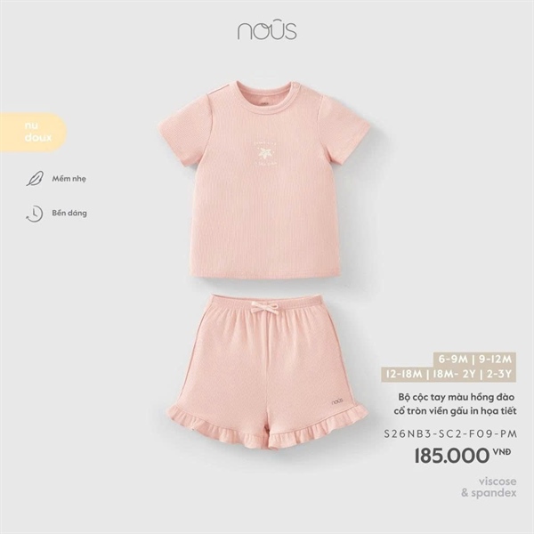 Nous Bộ cộc tay màu hồng đào cổ tròn viền gấu in họa tiết 2-3Y