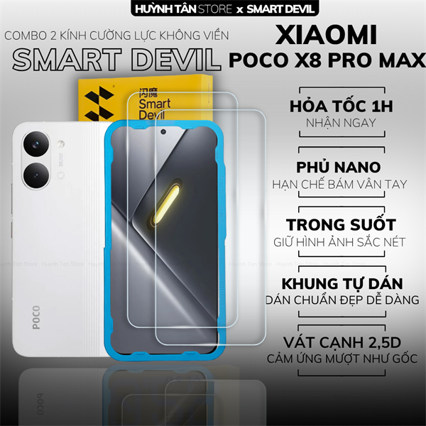 COMBO 2 KÍNH CƯỜNG LỰC XIAOMI POCO X8 PRO MAX trong suốt dán màn hình kèm khung tự dán chính hãng Smart Devil