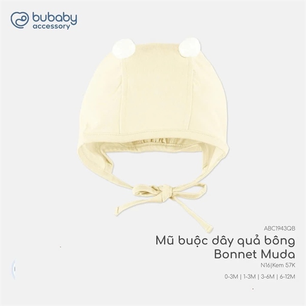 BC1943 - 3M/12M Mũ Buộc dây Quả bông Bonnet Muda Bubaby - Kem 57K