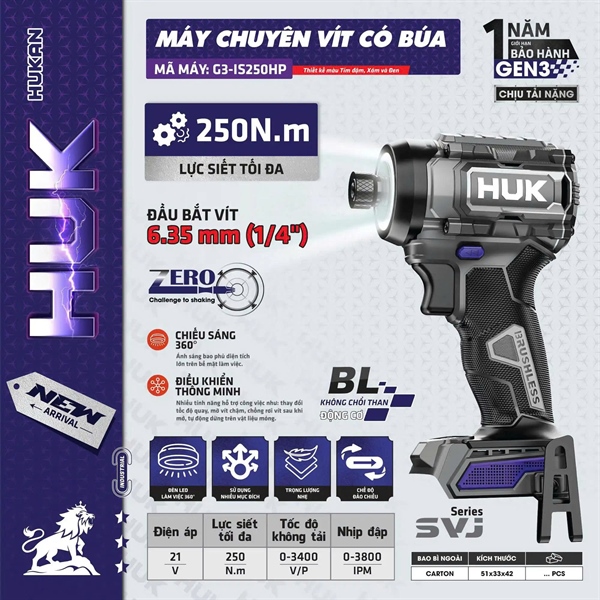 Thân máy bắn vít có búa đầu 1/4 (GEN) BODY G3-IS250HP Hukan