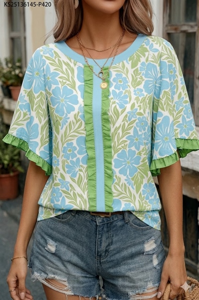 Sky Blue Floral Print Ruffled Color Block Trim Half Sleeve Blouse