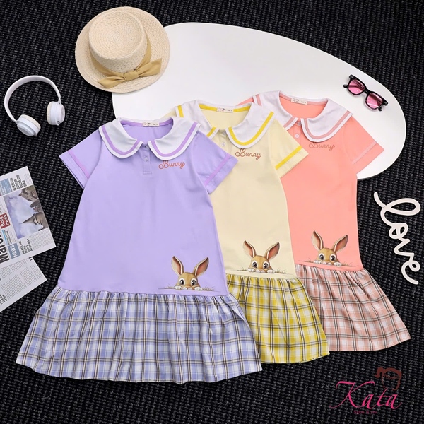 Đầm Bé Gái Cổ Thủy Thủ Bunny 12-35kg | Váy Bé Gái Phối Caro Dễ Thương KATA