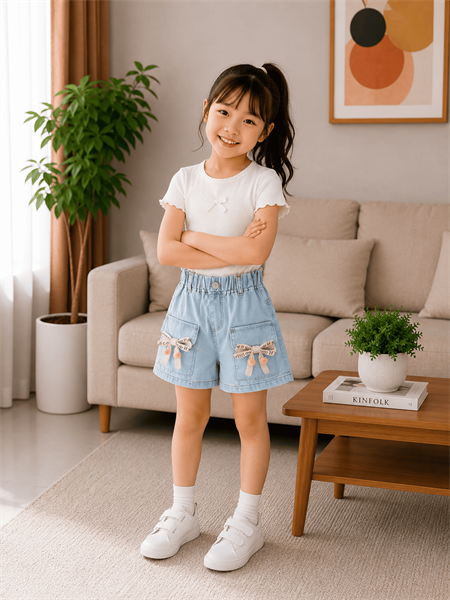 Quần short jean bé gái 2 túi đính nơ chữ