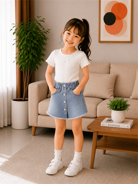 Quần Jean Bé Gái Đắp Giả Váy 2 Túi Xéo 4 Nút