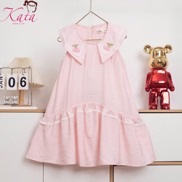 Đầm bé gái tơ gân cổ sen nhọn thêu cherry