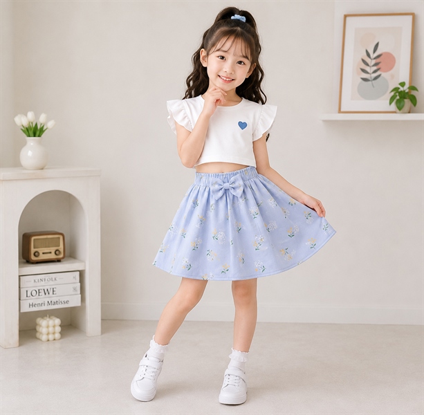Chân váy jean lụa xòe đính nơ