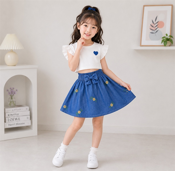 Chân váy jean lụa xòe đính nơ