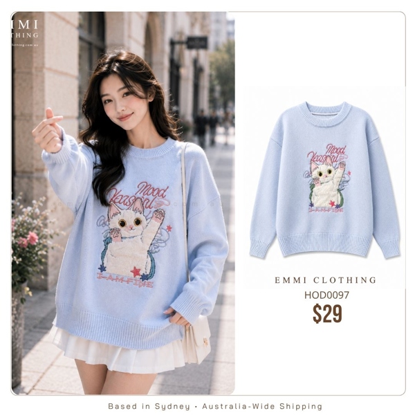 Lavender Cat Graphic Sweater