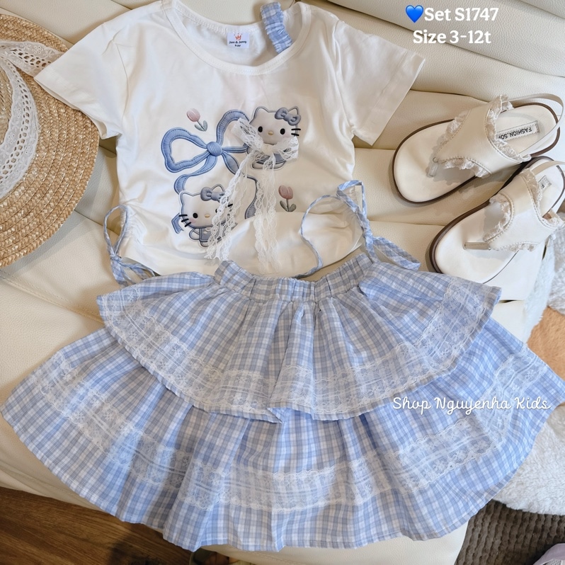 S1747 Set kitty váy tầng kẻ xanh