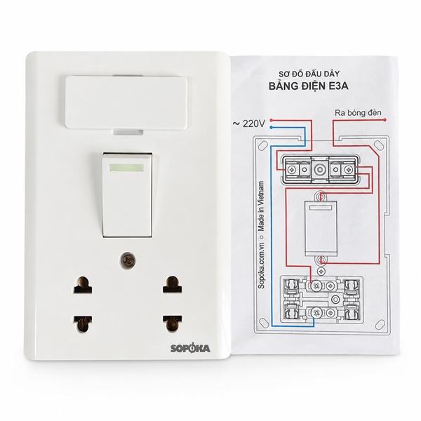Bảng điện SOPOKA E3A 2 ổ cắm 1 công tắc có cầu chì