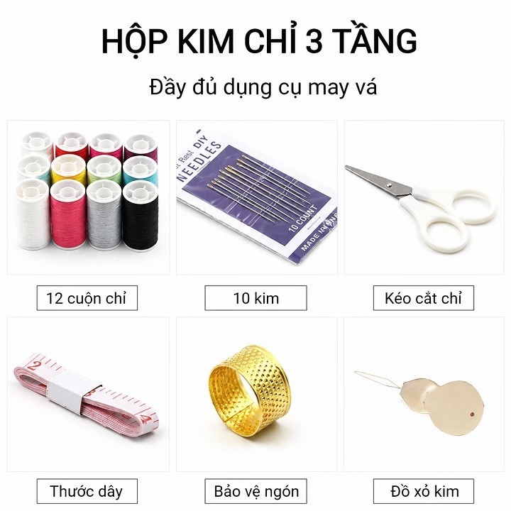 Hộp đựng kim chỉ may vá đa năng 2 tầng cỡ lớn kèm 12 cuộn chỉ